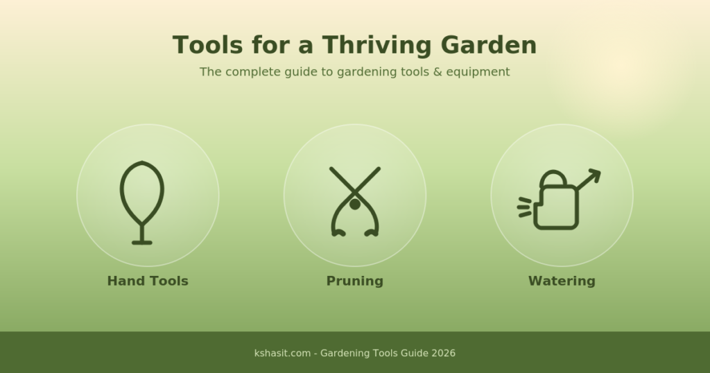 gardening tools including trowel pruning shears and watering can