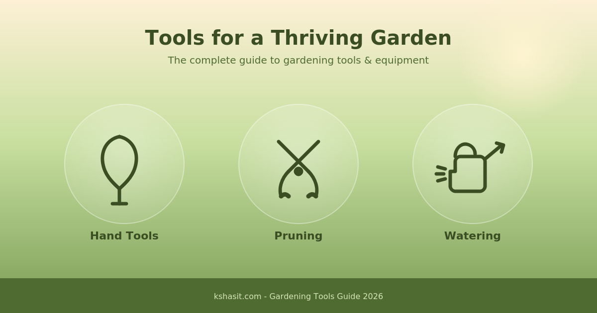 Outdoor and garden tools guide hero graphic featuring hand tools, pruning, and watering icons